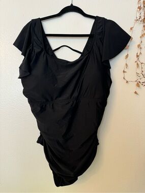 NEW Daci One Piece Swimsuit 20W Black Ruffle V Neck Tummy Control Plus Size
